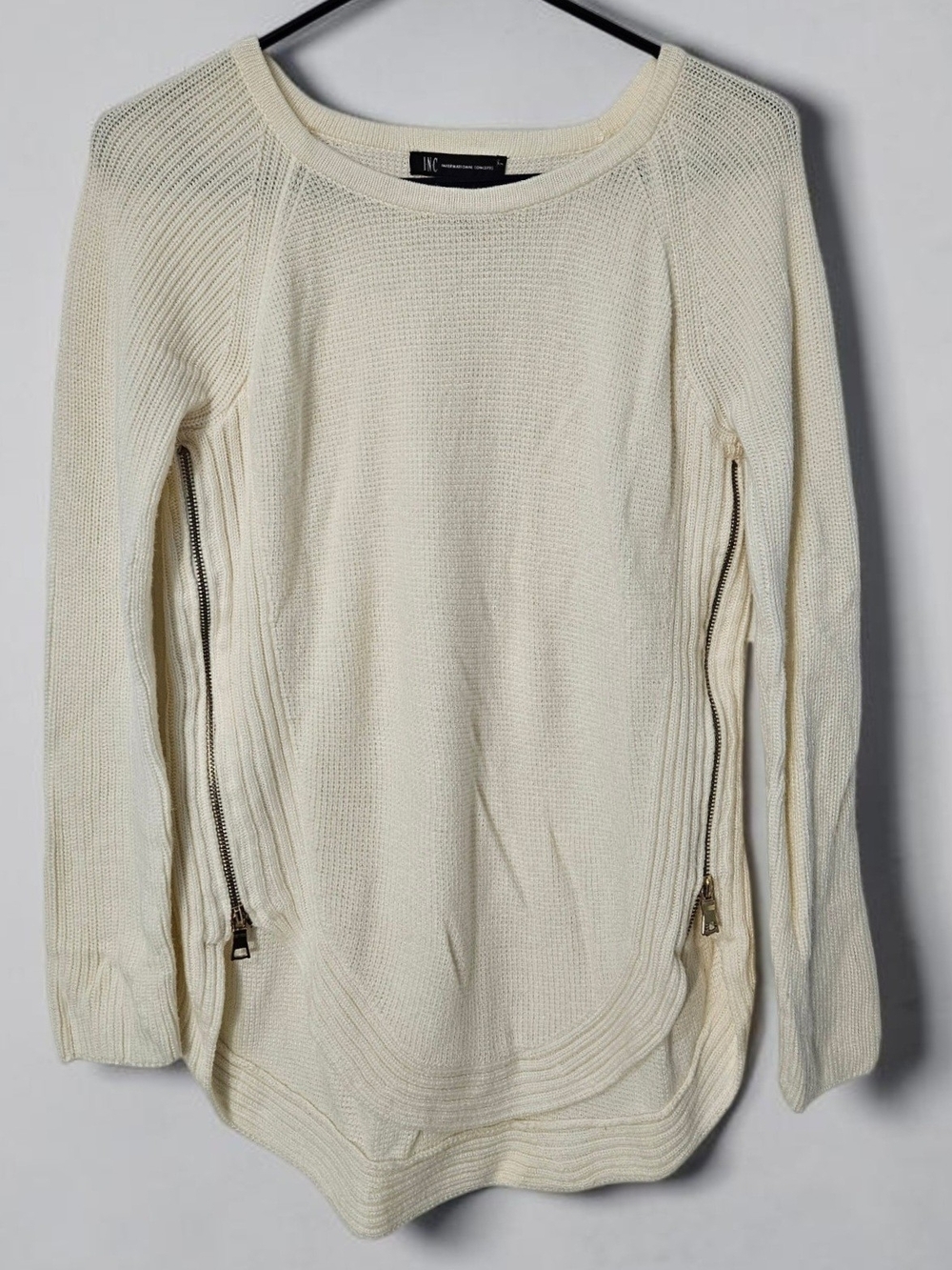 INC International Concepts Ivory Crewneck Sweater with Side Zips